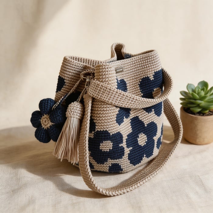🏆 49% ALENNUS Tarjous 🧵🌸Käsintehty virkattu kangaskassi kukilla 🌼✨