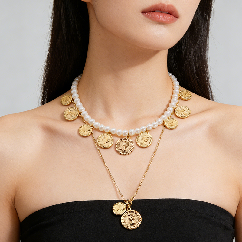 🔥 Laatste dag! 49% korting - 📿 Meerlaagse parel- en gouden muntketting