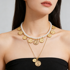 🔥 Laatste dag! 49% korting - 📿 Meerlaagse parel- en gouden muntketting