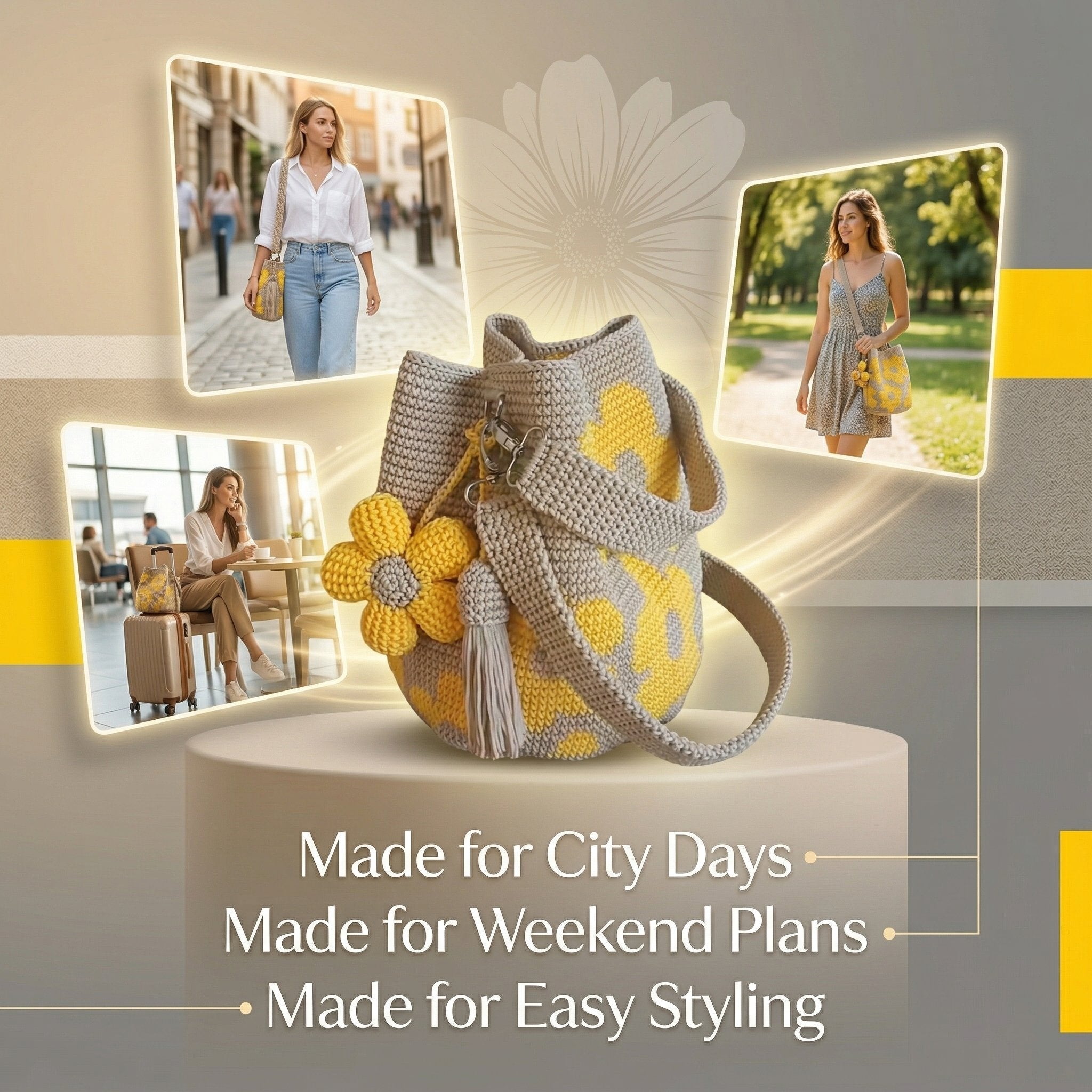 🏆 49% ALENNUS Tarjous 🧵🌸Käsintehty virkattu kangaskassi kukilla 🌼✨