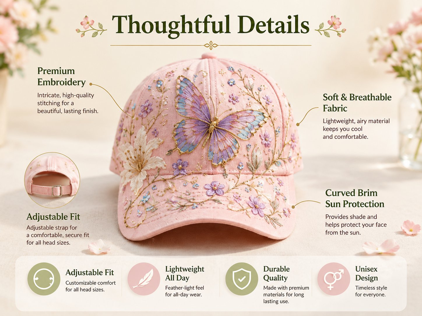 🌸🌿 Garden Morning -baseball-lippis: Lempeää auringonpaistetta ja arjen kodikkuutta! ☀️🌱🧢